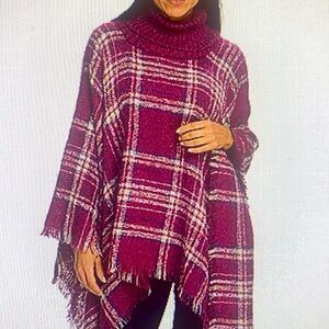 New. NWOT Boucle  Knit Woven Cowl Neck Plaid Poncho
